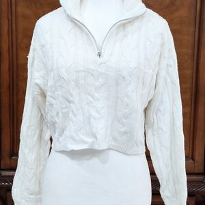 White Cable Knit Half-Zip Sweater Long Sleeves Sz M Cropped